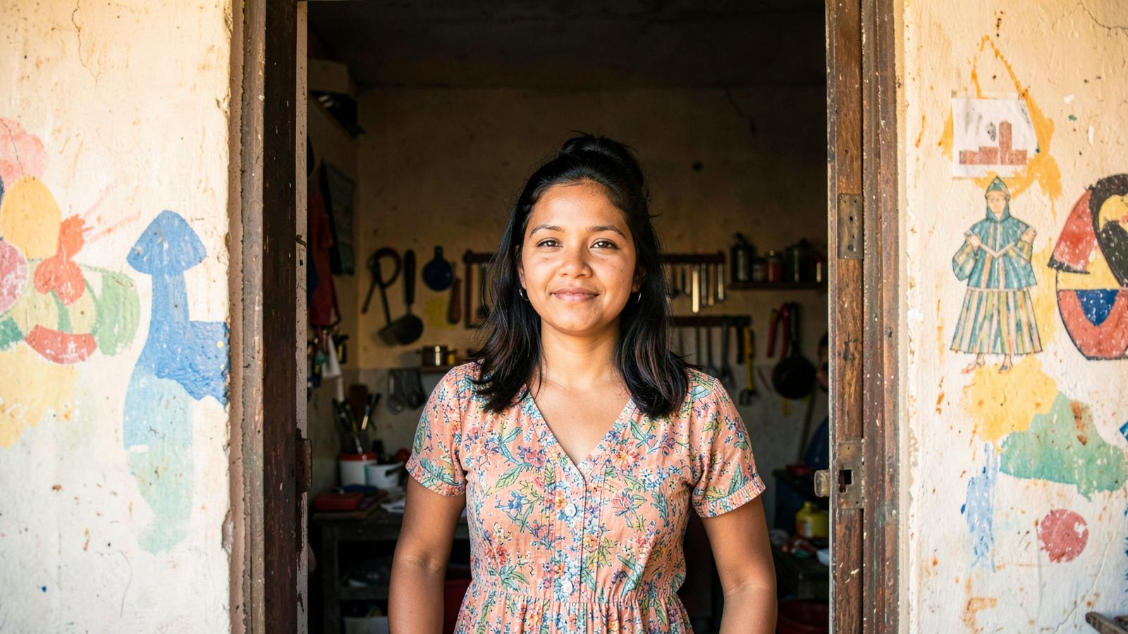 Workshop owner in the doorway of her business in Zaragoza