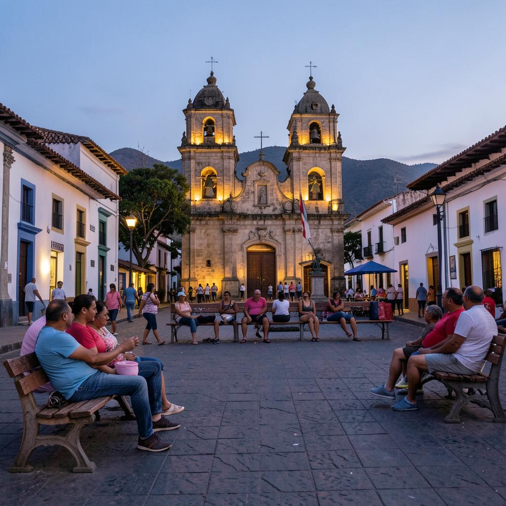 Families in the plaza at dusk